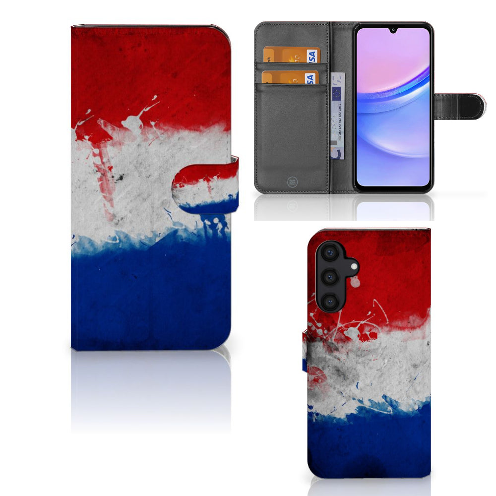 Samsung Galaxy A15 Bookstyle Case Nederland met artistiek ontwerp van de Nederlandse vlag