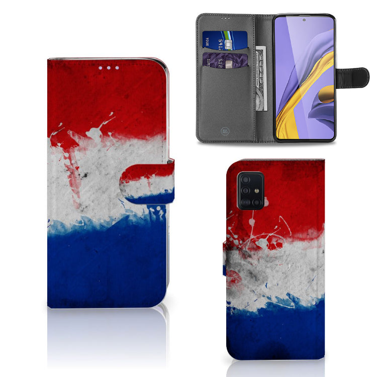 Samsung Galaxy A51 Bookstyle Case Nederland met Nederlandse vlag in artistiek design en ruimte voor pasjes.
