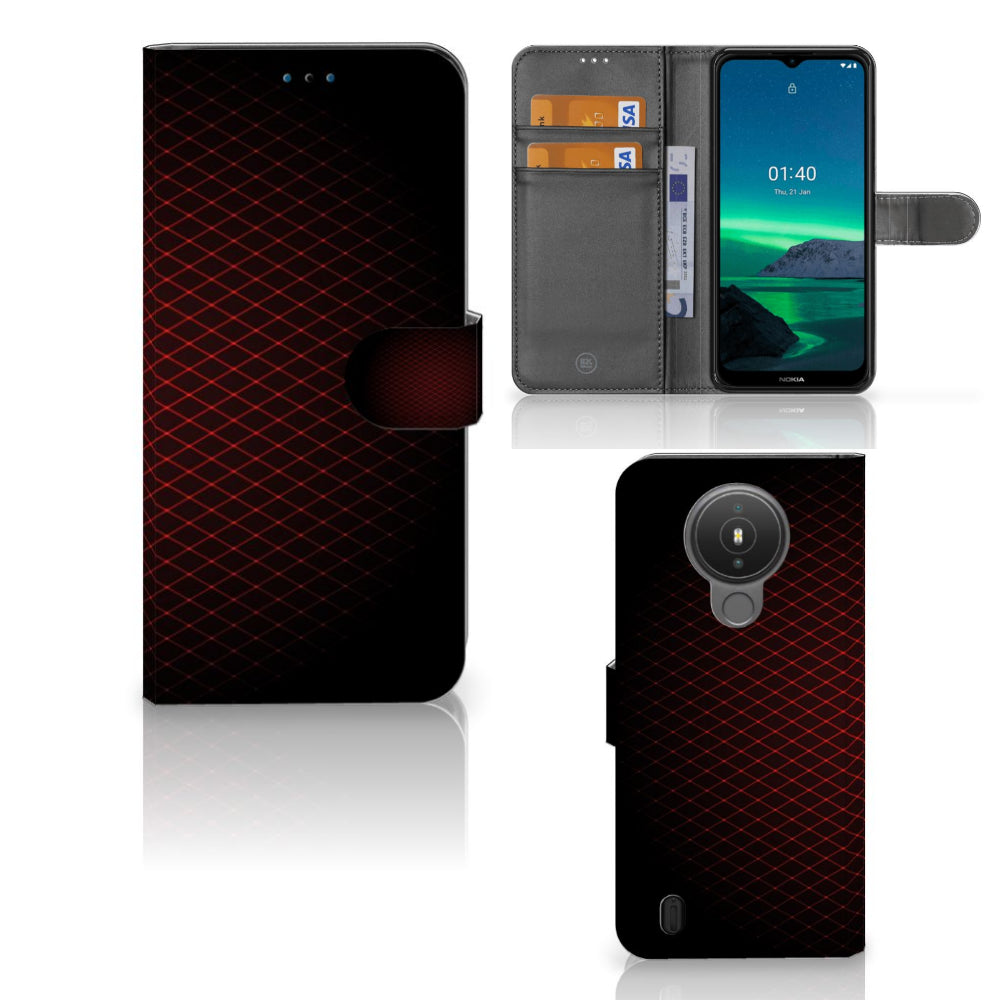 Nokia 1.4 Telefoon Hoesje Geruit Rood met ruimte voor 3 pasjes, minimalistisch design en opvallende kleuren.