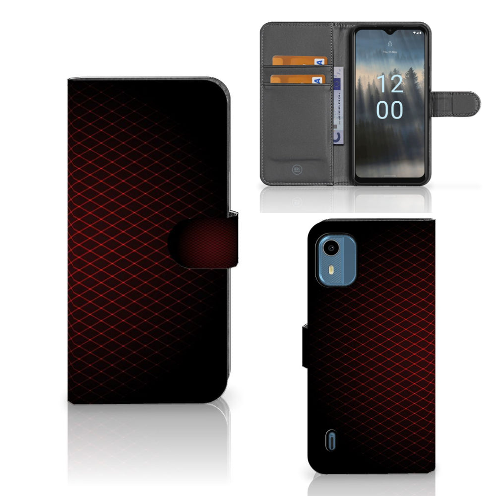 Nokia C12 Telefoon Hoesje Geruit Rood met ruimte voor 3 pasjes en zwart-rood design.