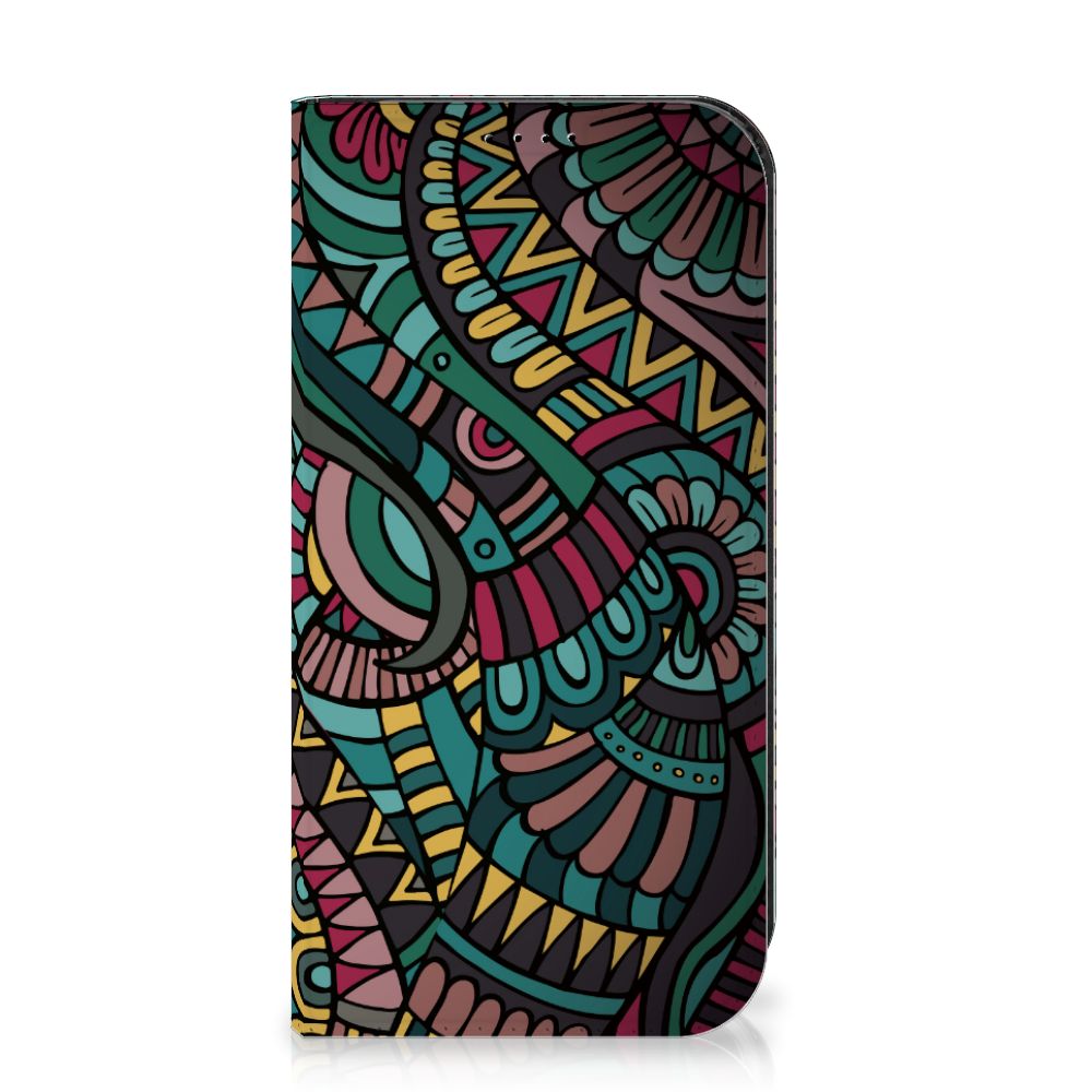 iPhone 15 Pro Hoesje met Magneet Aztec in kleurrijke retro stijl, perfect voor een artistieke uitstraling.