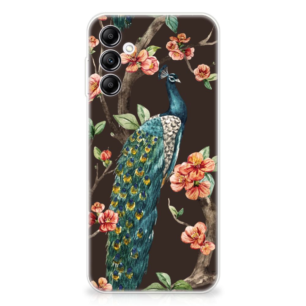 Samsung Galaxy A14 5G TPU Hoesje Pauw met Bloemen met kleurrijke pauw en bloemen op een donkere achtergrond.