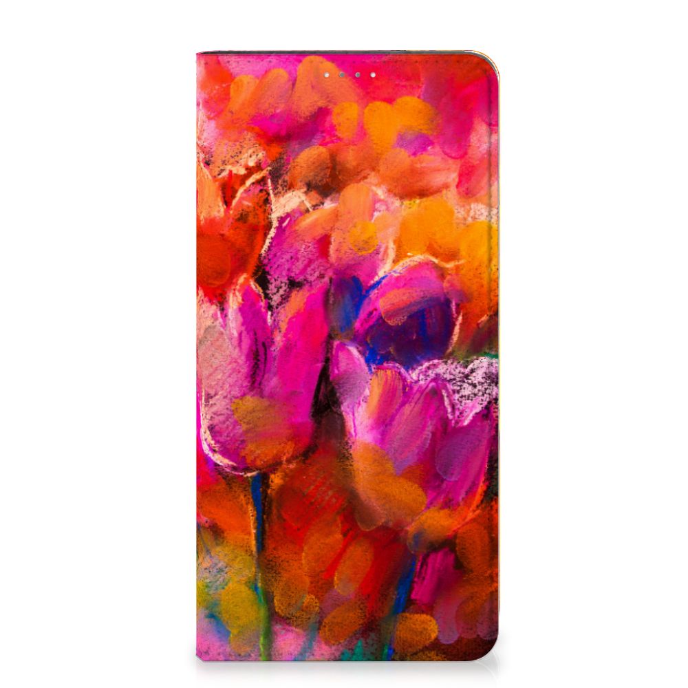 Bookcase Samsung Galaxy A14 4G Tulips design featuring vibrant pink tulips on a colorful background.