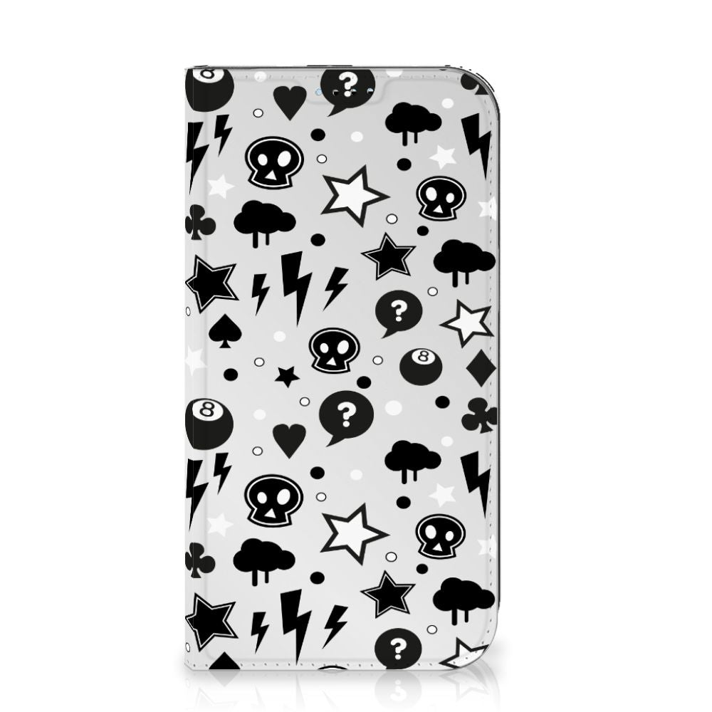 Mobiel BookCase iPhone 15 Silver Punk met sterren, wolken en doodskoppen. Uniek design voor je smartphone.