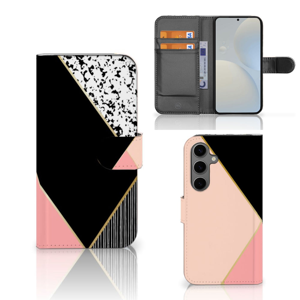 Samsung Galaxy S25 Book Case Zwart Roze Vormen