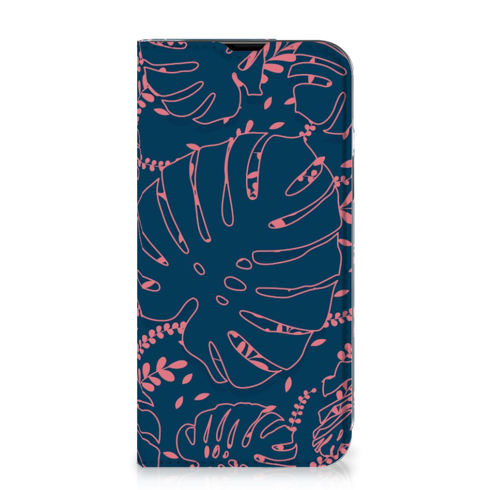 iPhone 14 Smart Cover Palm Leaves met roze bladeren op een blauwe achtergrond đŋ.