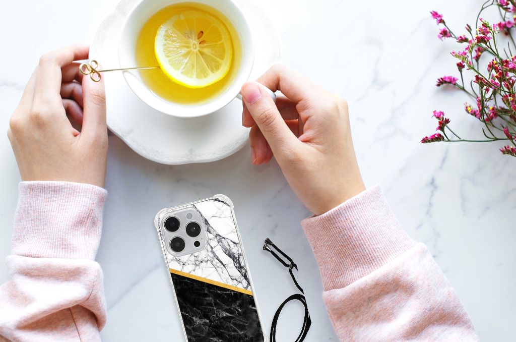 iPhone 14 Pro Anti-Shock Hoesje Marmer Wit Zwart - Origineel Cadeau Man B2C Telecom