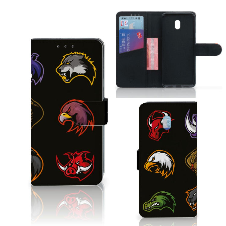 Xiaomi Redmi 8A Leuk Hoesje Cartoon met kleurrijke dierenprints en slimme opbergvakken.