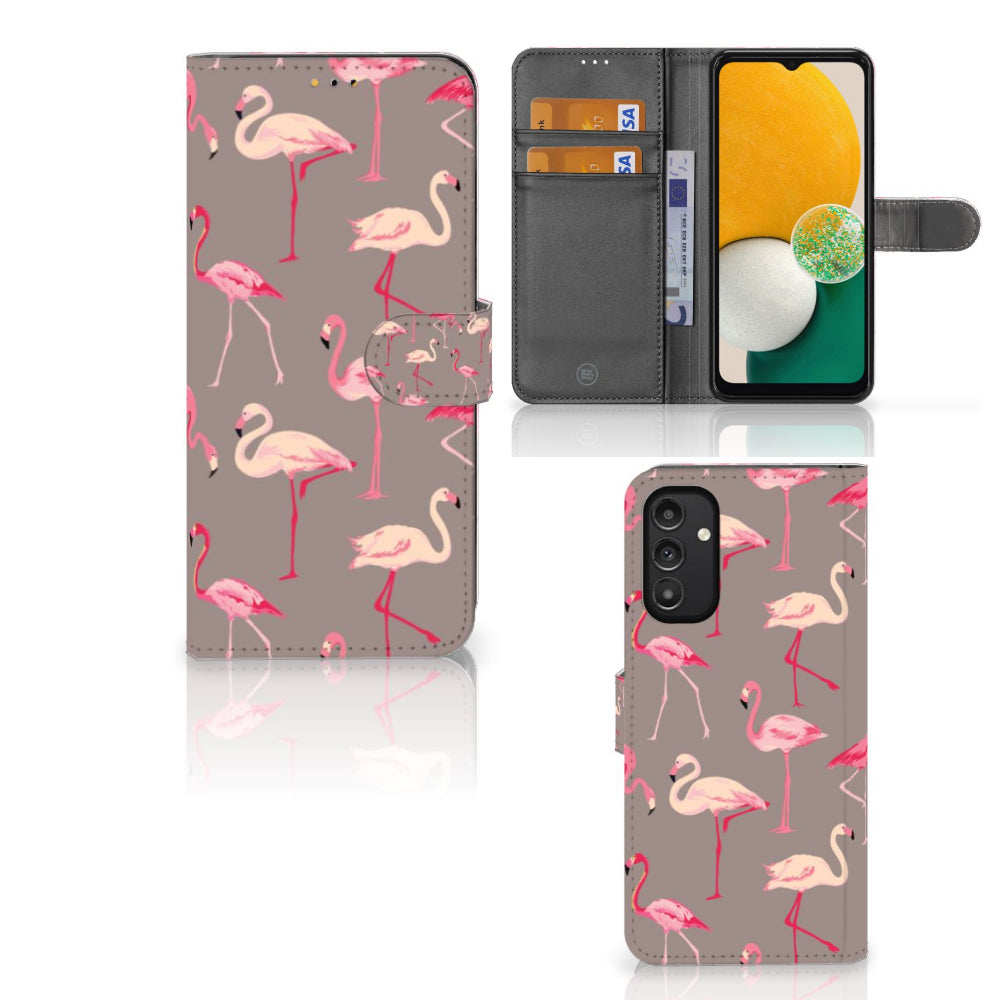 Samsung Galaxy A14 5G Telefoonhoesje met Pasjes Flamingo met vrolijke flamingo's op een grijze achtergrond.