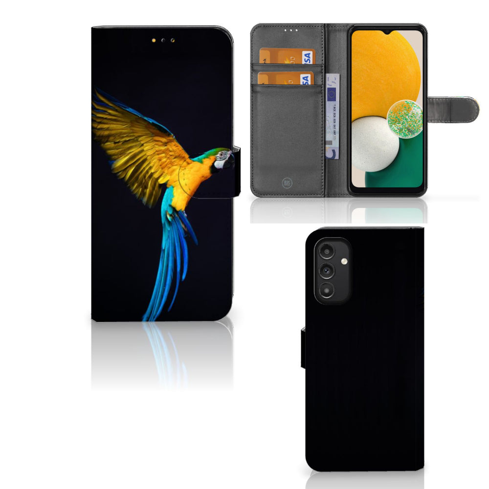 Samsung Galaxy A14 5G Telefoonhoesje met Pasjes Papegaai met kleurrijke papegaai op de voorkant en ruimte voor 3 pasjes.