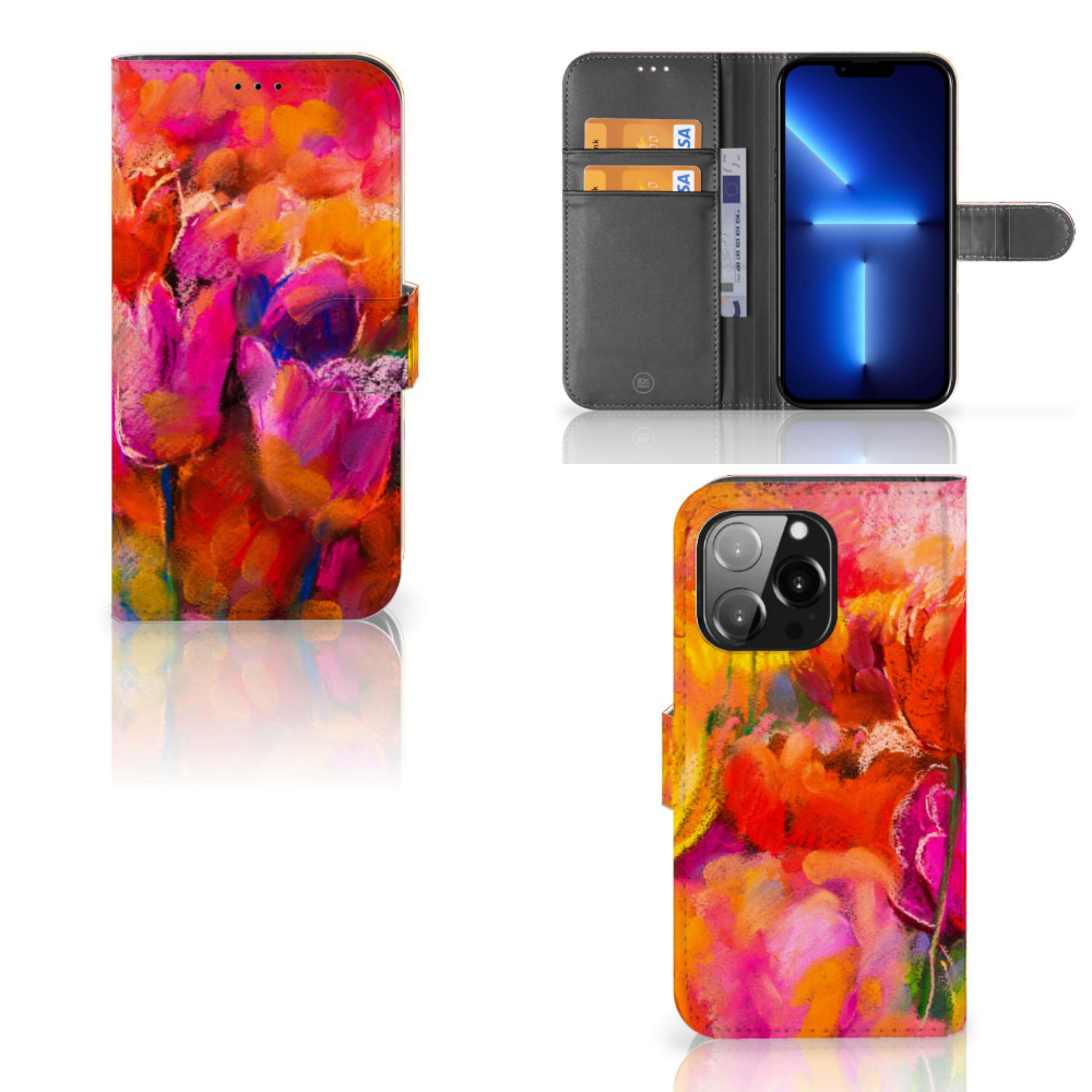 Hoesje iPhone 13 Pro Tulips met kleurrijk design en ruimte voor 3 pasjes đˇ.