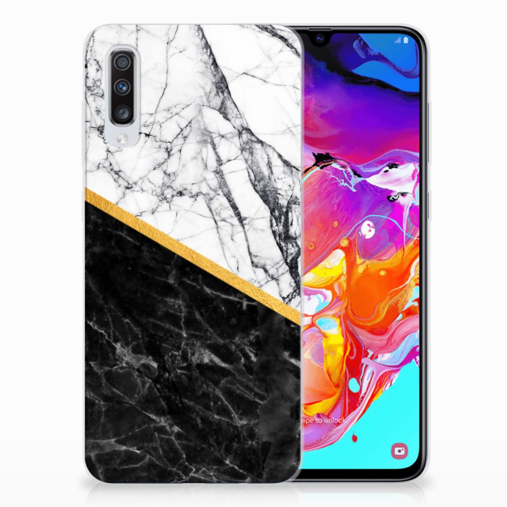 Samsung Galaxy A70 TPU Siliconen Hoesje Marmer Wit Zwart - Origineel Cadeau Man