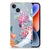 Apple iPhone 14 TPU Hoesje Bird Flowers met kleurrijke bloemen en ooievaars op een grijze achtergrond.