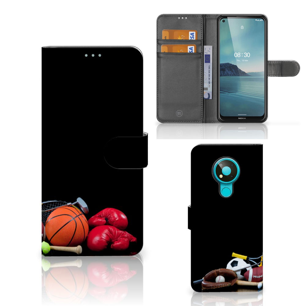 Nokia 3.4 Wallet Case met Pasjes Sports met sportuitrusting en pasjeshouders, ideaal voor sportsfans.