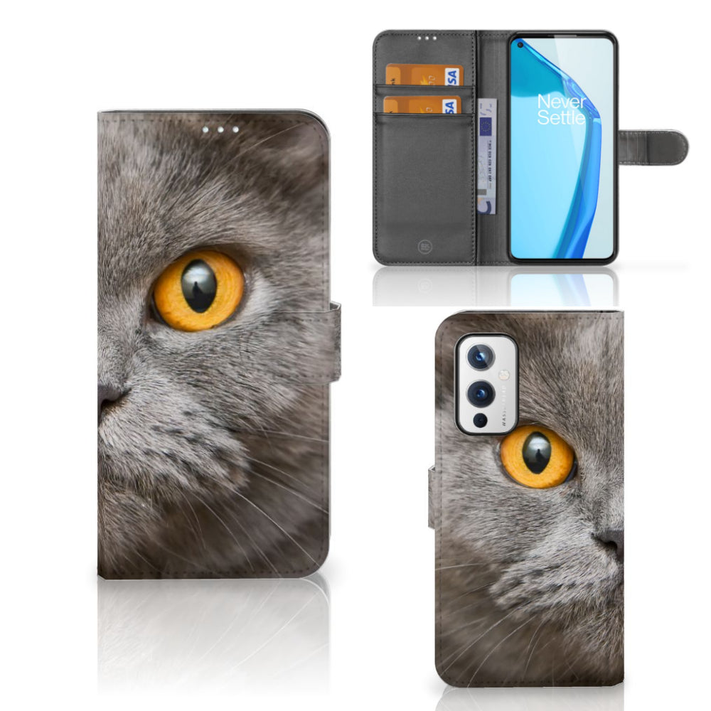 Telefoonhoesje met Pasjes OnePlus 9 Britse Korthaar met grijs kat met gele ogen detail.