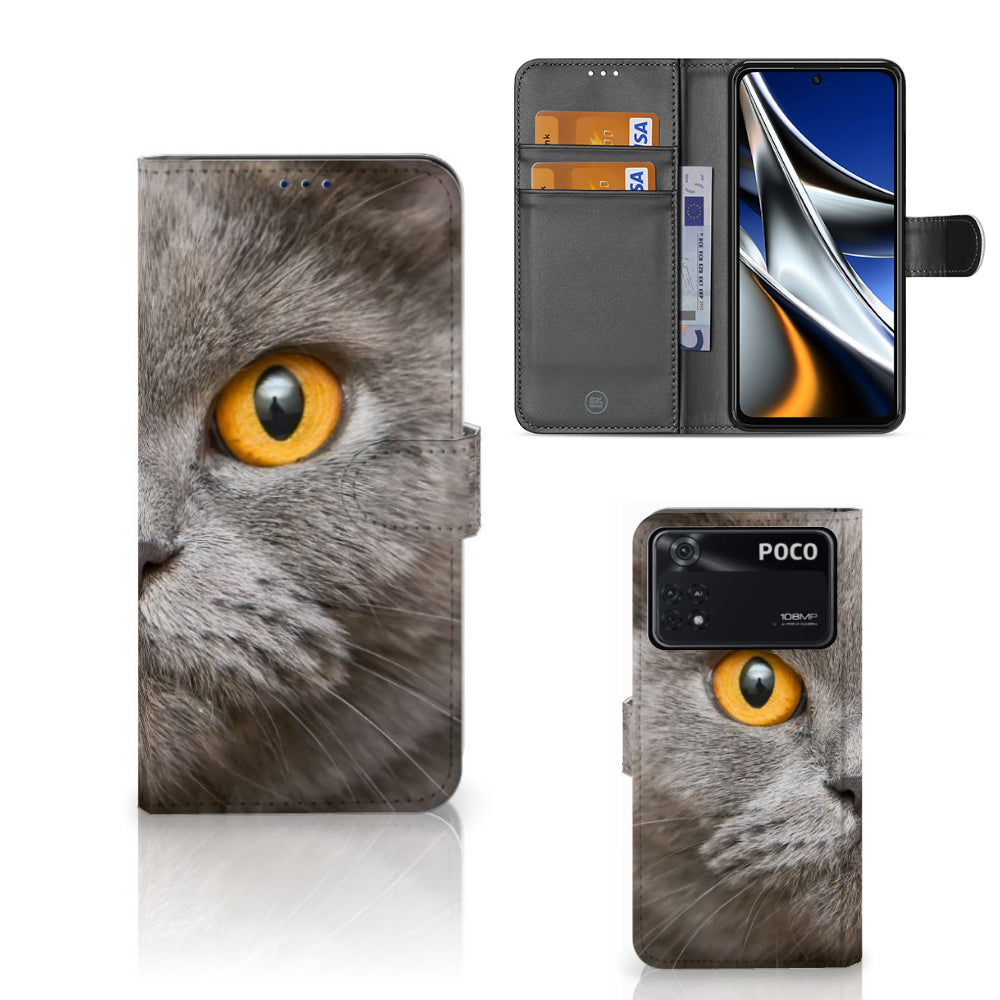 Telefoonhoesje met Pasjes Xiaomi Poco X4 Pro 5G Britse Korthaar met grijze kat en oranje ogen