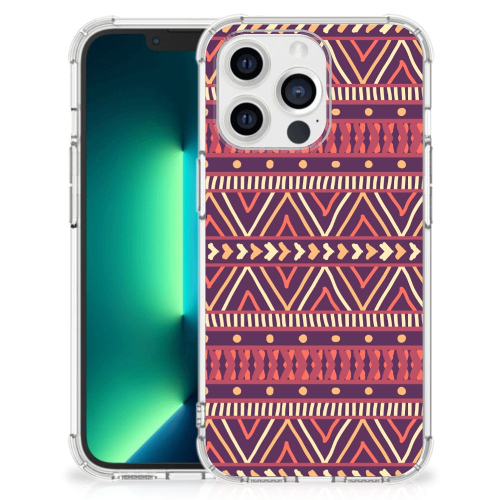 iPhone 13 Pro Max Doorzichtige Silicone Hoesje Aztec Paars met kleurrijk patroon op een transparante achtergrond.
