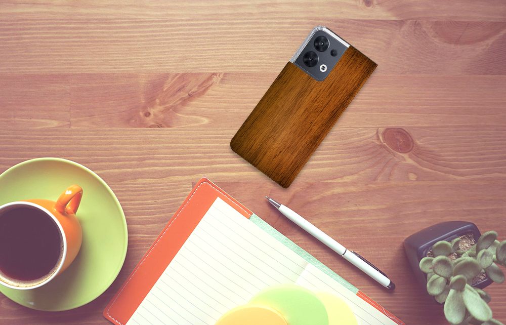 OPPO Reno8 Book Wallet Case Donker Hout - B2C Telecom