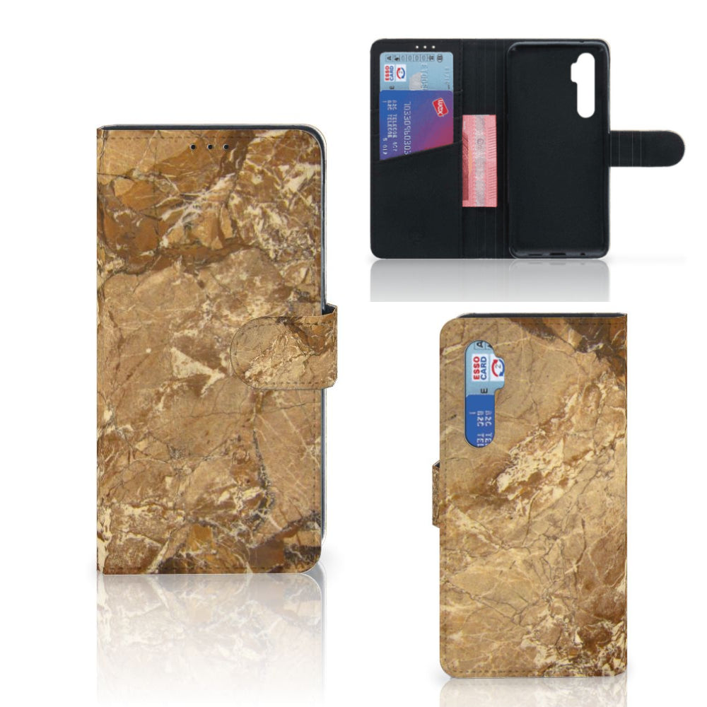 Xiaomi Mi Note 10 Lite Bookcase Marmer Creme met pasjes, luxe marmer look, TPU-siliconen hoesje, kunstleren buitenkant.