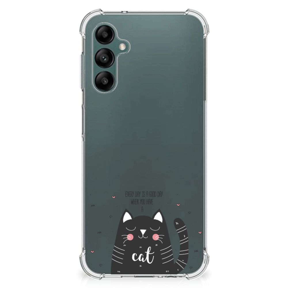 Samsung Galaxy A14 5G/4G Stevig Bumper Hoesje Cat Good Day met schattige zwarte kat op een heldere achtergrond.