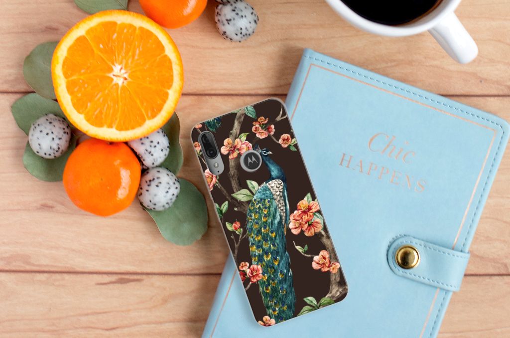 Motorola Moto E6 Plus TPU Hoesje Pauw met Bloemen
