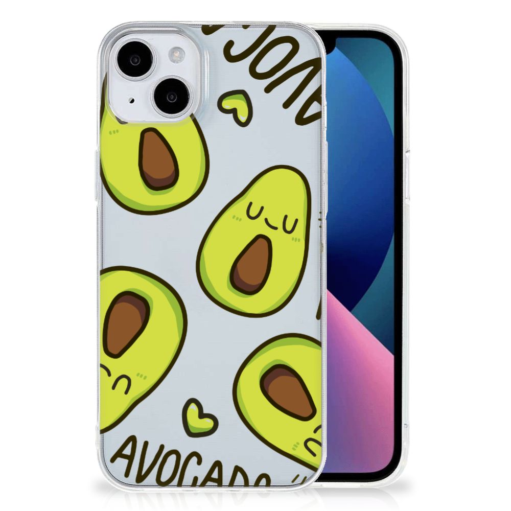 iPhone 15 Plus Telefoonhoesje met Naam Avocado Singing met vrolijke avocado's op de achtergrond.