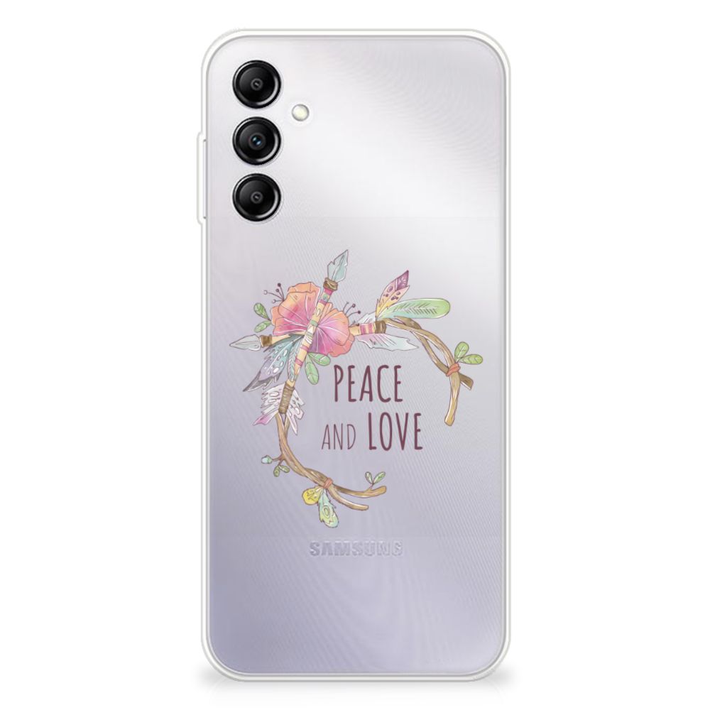 Samsung Galaxy A14 5G Telefoonhoesje met Naam Boho Text in een design van bloemen en veren met 'Peace and Love'