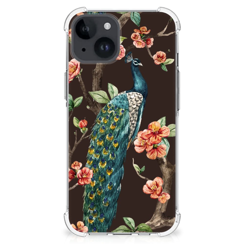 iPhone 15 Case Anti-shock Pauw met Bloemen, met kleurrijke pauw en bloemen op een donkere achtergrond.