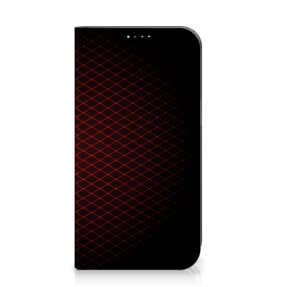 iPhone 15 Hoesje met Magneet Geruit Rood op een zwarte achtergrond met een strak ruitjesdesign.