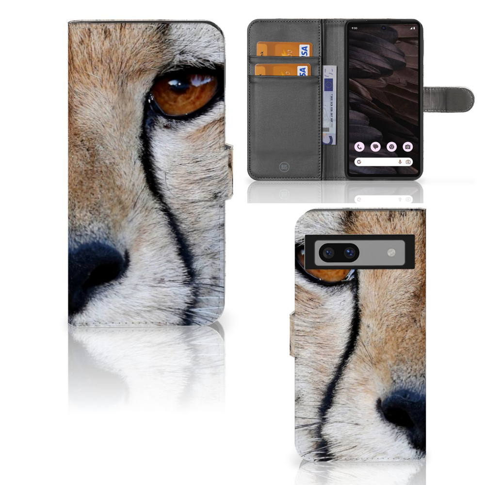 Google Pixel 7A Telefoonhoesje met Pasjes Cheetah close-up van cheeta met ruimte voor 3 pasjes