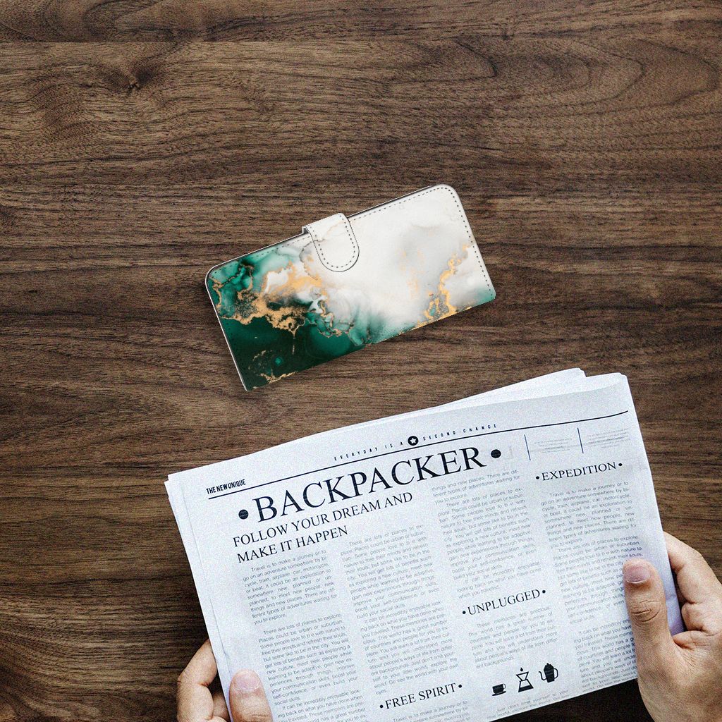 Bookcase voor Samsung Galaxy A14 4G Marmer Groen met luxe design op tafel.