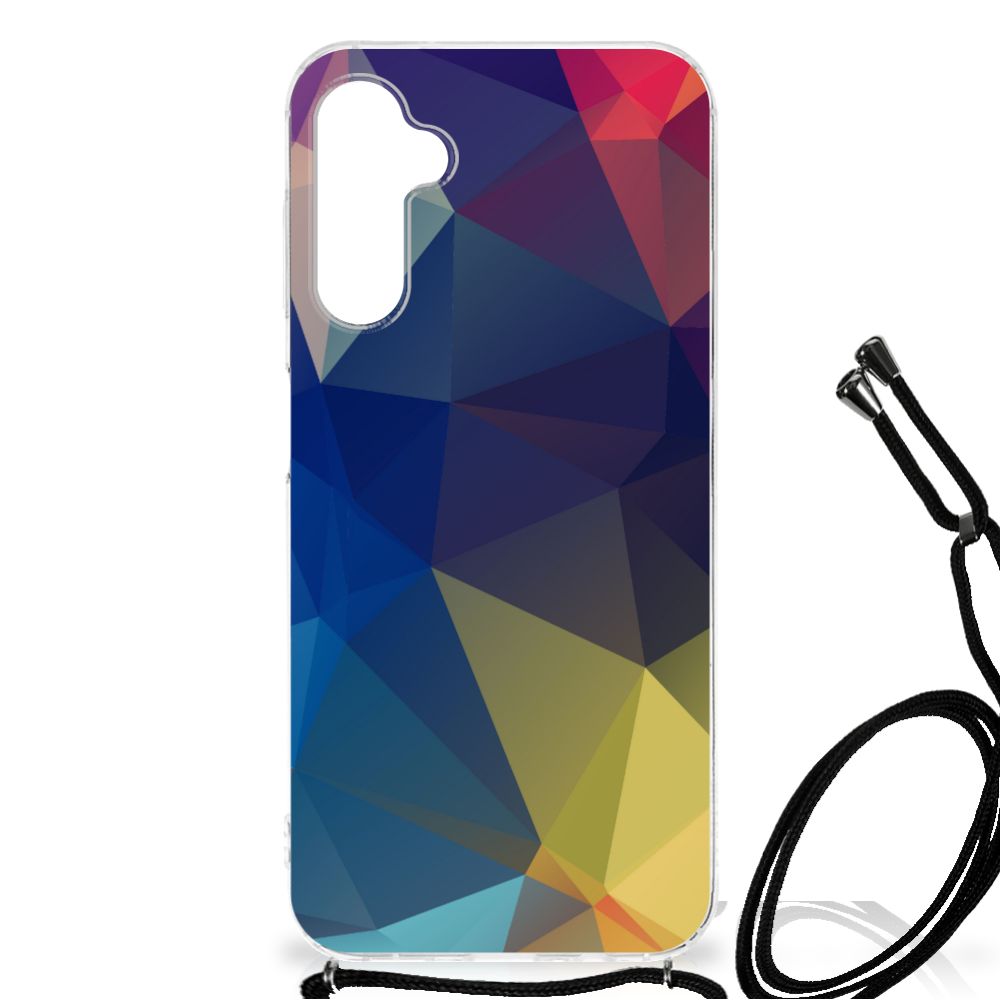 Samsung Galaxy A14 5G Shockproof Case Polygon Dark with colorful geometric design and strap.