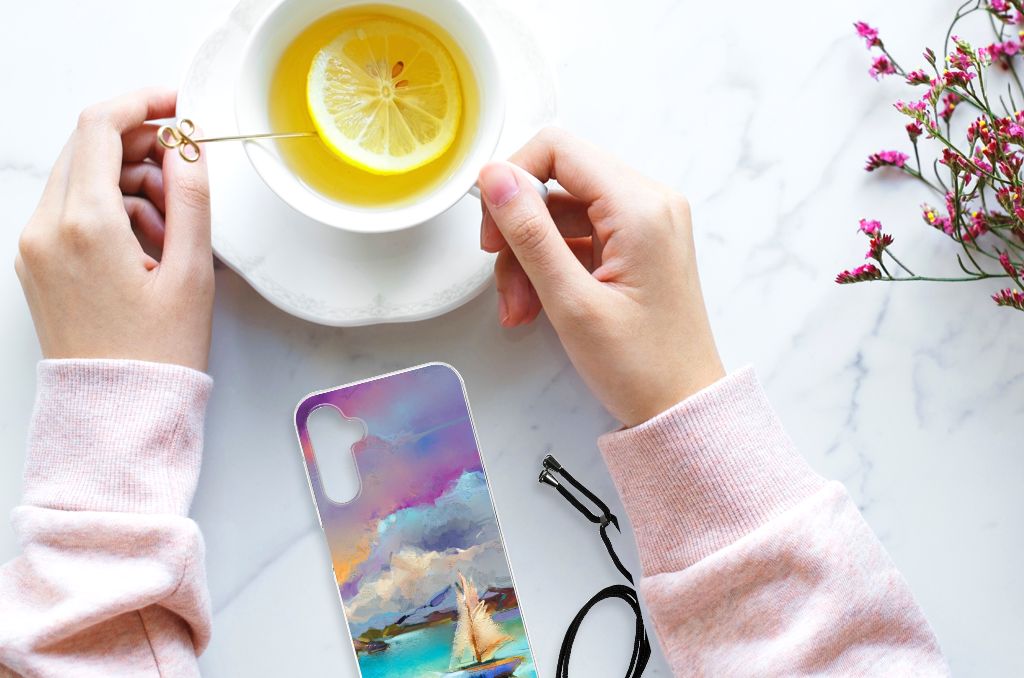 Back Cover Samsung Galaxy A14 5G Boat design displayed on a table with a cup of tea and flowers.