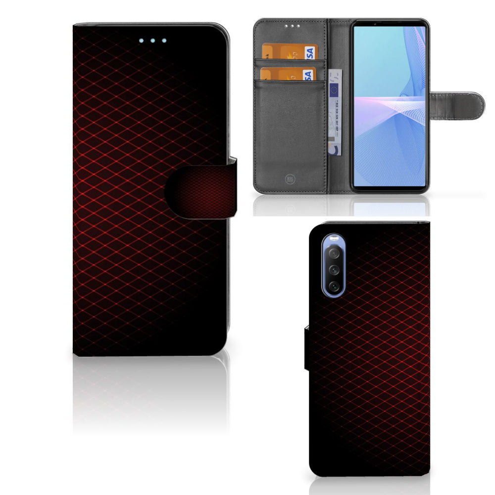Sony Xperia 10 III Telefoon Hoesje Geruit Rood met ruimte voor 3 pasjes en minimalistisch ontwerp.