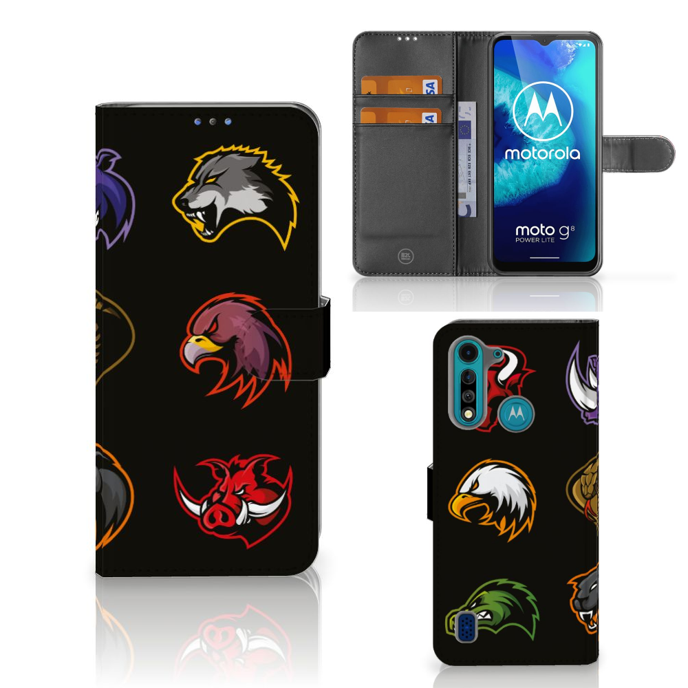 Motorola G8 Power Lite Leuk Hoesje Cartoon met dierenlogo's op een zwart design