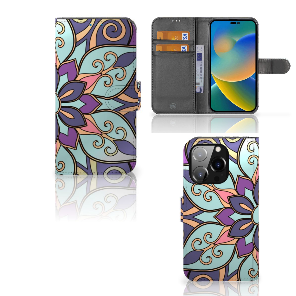 iPhone 14 Pro Hoesje Purple Flower met kleurrijke bloemenprint en kaartenhouder.