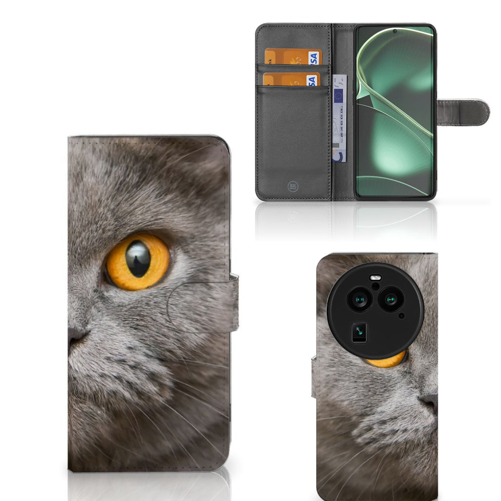 Telefoonhoesje met Pasjes OPPO Find X6 Pro Britse Korthaar met close-up van een grijze kat met oranje ogen.