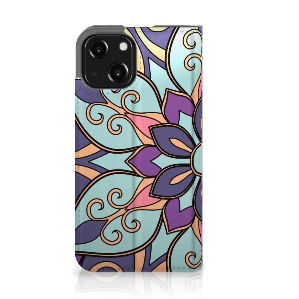 iPhone 13 Mini Smart Cover Purple Flower design hoesje aanzicht