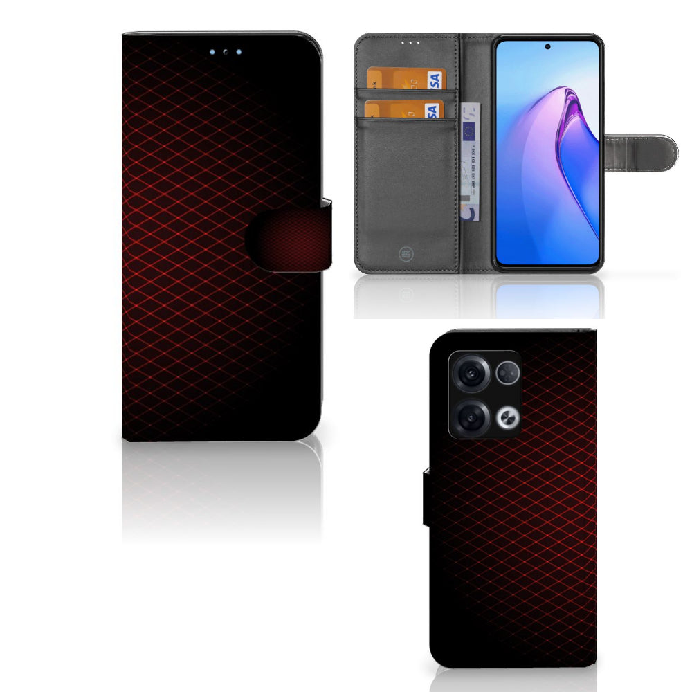 OPPO Reno8 Pro Telefoon Hoesje Geruit Rood met ruimte voor 3 pasjes en minimalistisch design.