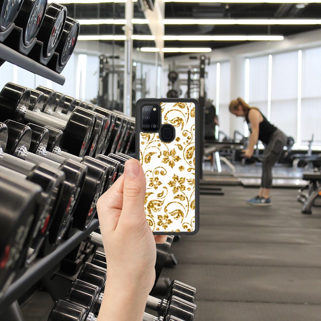 Samsung Galaxy A21s Skin Case Gouden Bloemen B2C Telecom