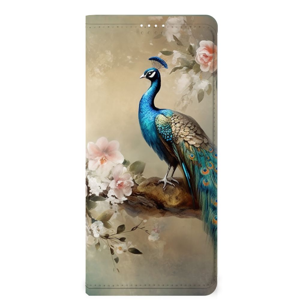 Hoesje maken voor Samsung Galaxy A14 4G Vintage Pauwen met kleurrijke pauw en bloemen op een vintage achtergrond.
