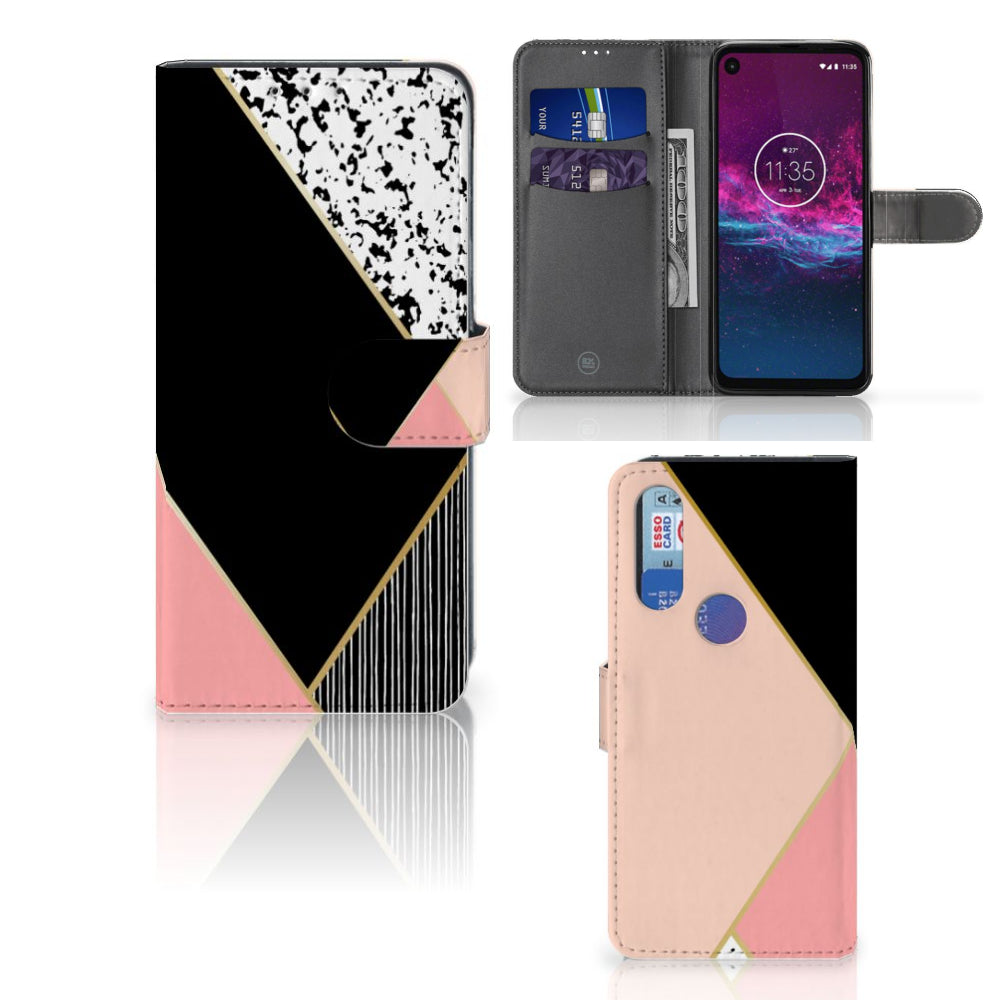Motorola One Action Book Case Zwart Roze Vormen