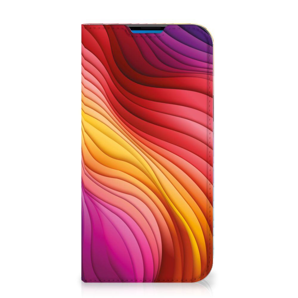 Stand Case voor iPhone 14 Pro Max Regenboog met kleurrijke golven in rood, geel en paars 🌈.