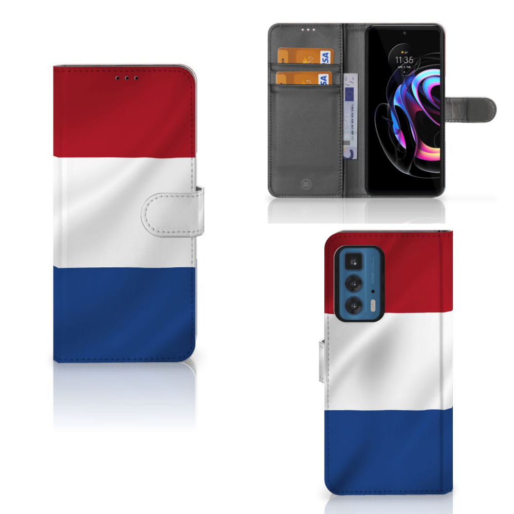 Motorola Edge 20 Pro Bookstyle Case Nederlandse Vlag met pasjes en ontwerp van de Nederlandse vlag.