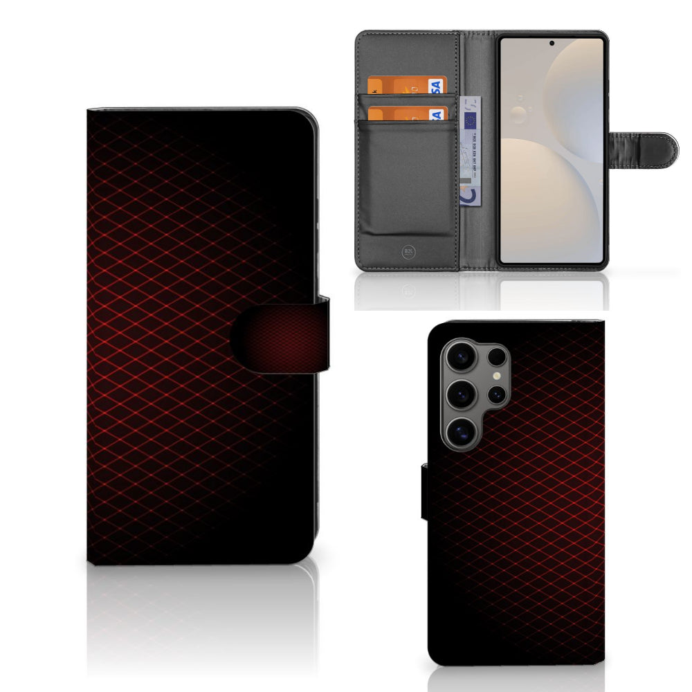 Samsung Galaxy S25 Ultra Telefoon Hoesje Geruit Rood met ruimte voor pasjes en minimalistisch design.