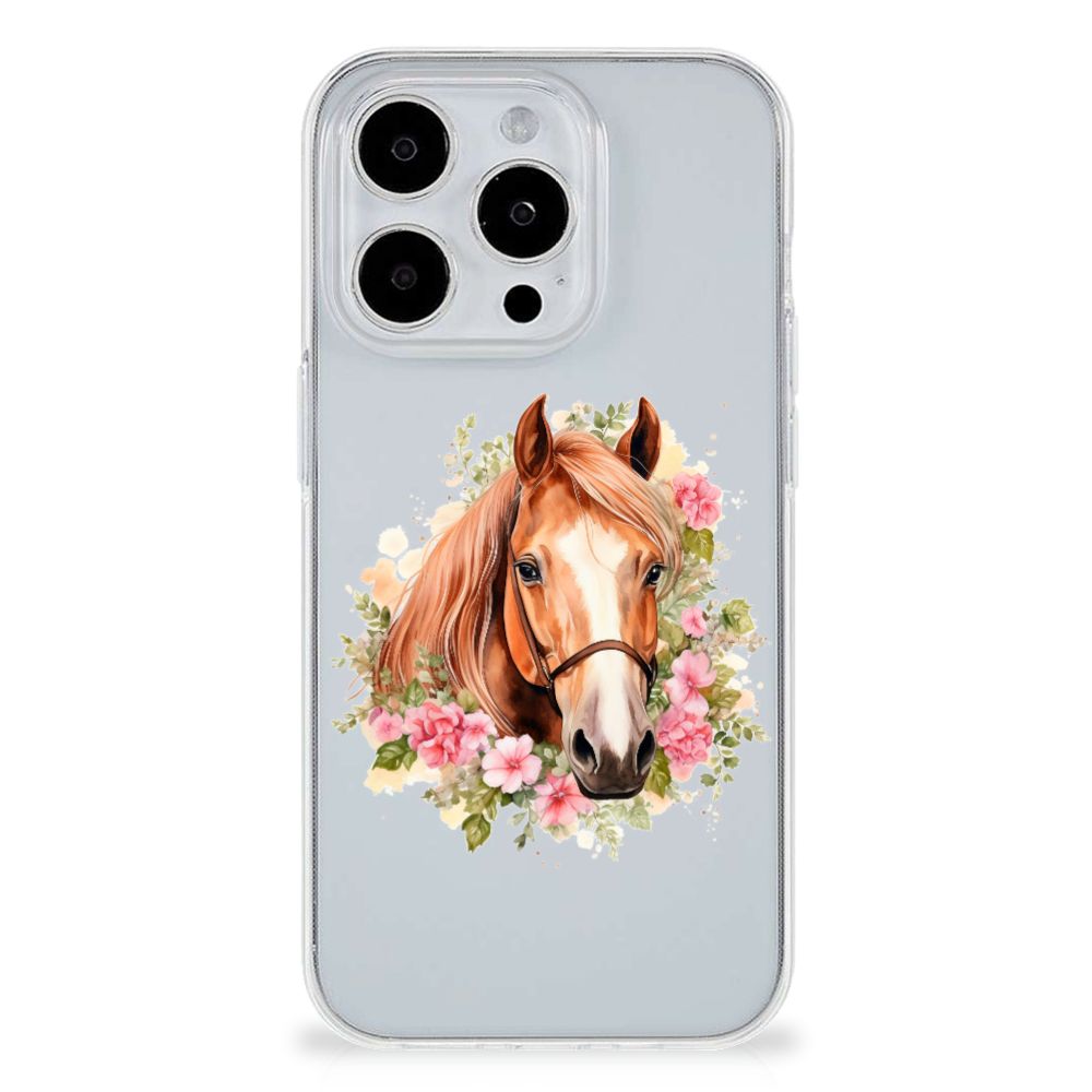 TPU Hoesje voor iPhone 15 Pro Max Paard met paardenafbeelding en bloemen.