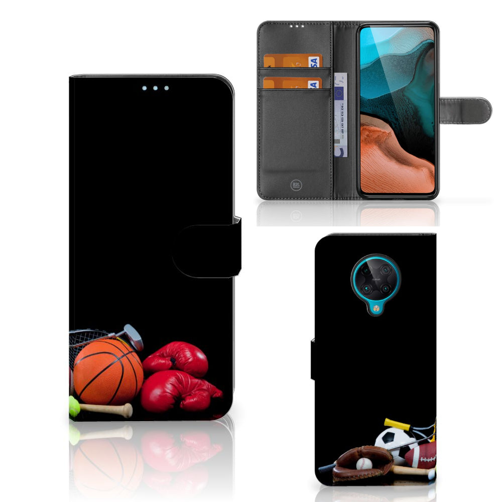 Xiaomi Poco F2 Pro Wallet Case met Pasjes Sports met sportafbeeldingen zoals bokshandschoenen en ballen.