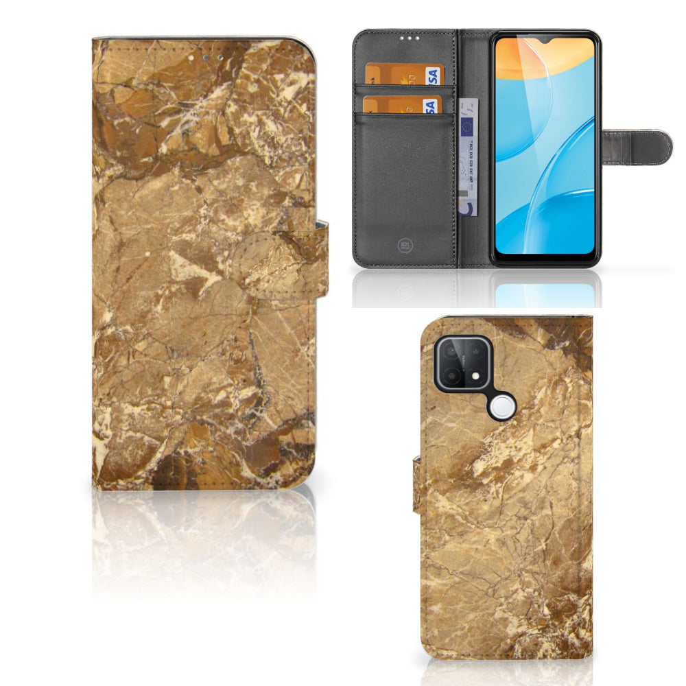 OPPO A15 Bookcase Marmer Creme voorzijde, binnenkant met pasjes en achterkant met marmeren afwerking.