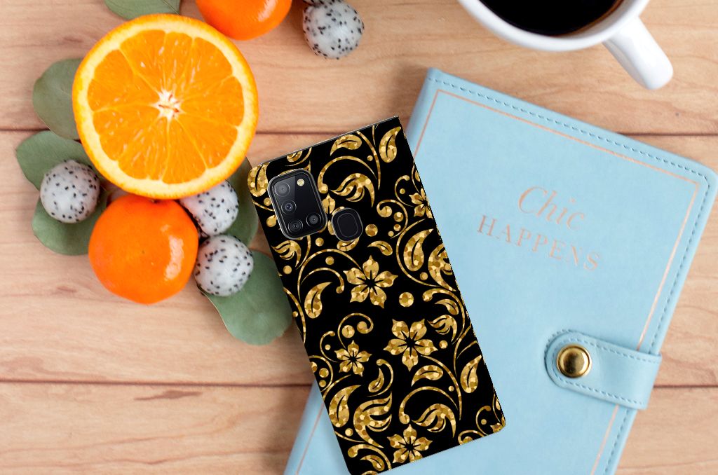 Samsung Galaxy A21s Smart Cover Gouden Bloemen - B2C Telecom