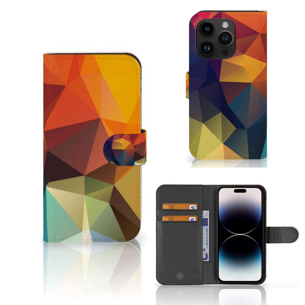 iPhone 15 Pro Book Case Polygon Color met kunstzinnig geometrisch patroon en ruimte voor pasjes.